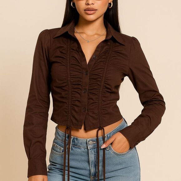Brown Ruched Button Up L/S Top S Cropped Tie Detail Y2K Baddie Clubbing Sexy Dat - Picture 1 of 6